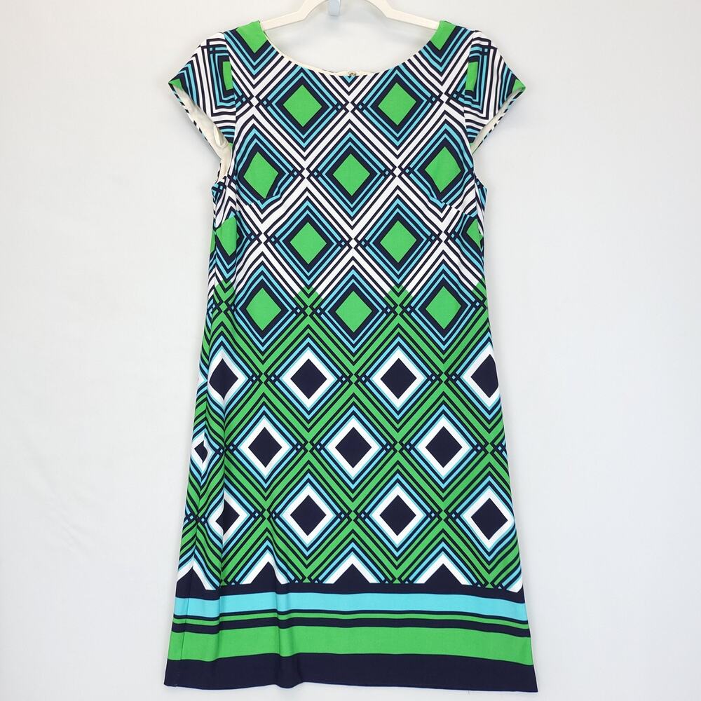 Eliza J Shift Short Dress Green Kelly Blue Geo Print Women 6 Short Sleeve Lined‎